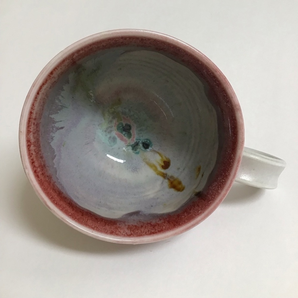 Studio Pottery Coffee Cup SIGNED Pink Green Blue 4” Handmade Handle Mod Teacup